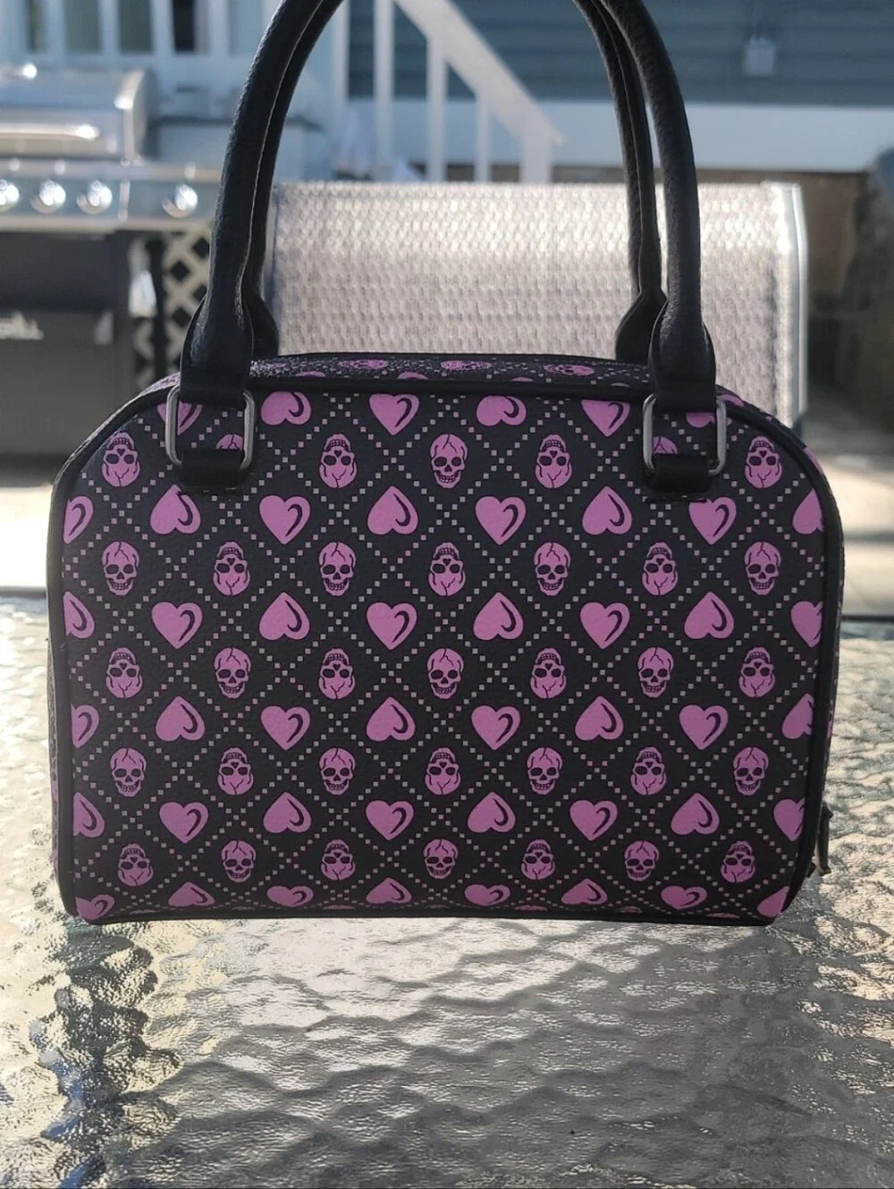 Ed Hardy Black and Pink Skull Satchel with Heart Charm